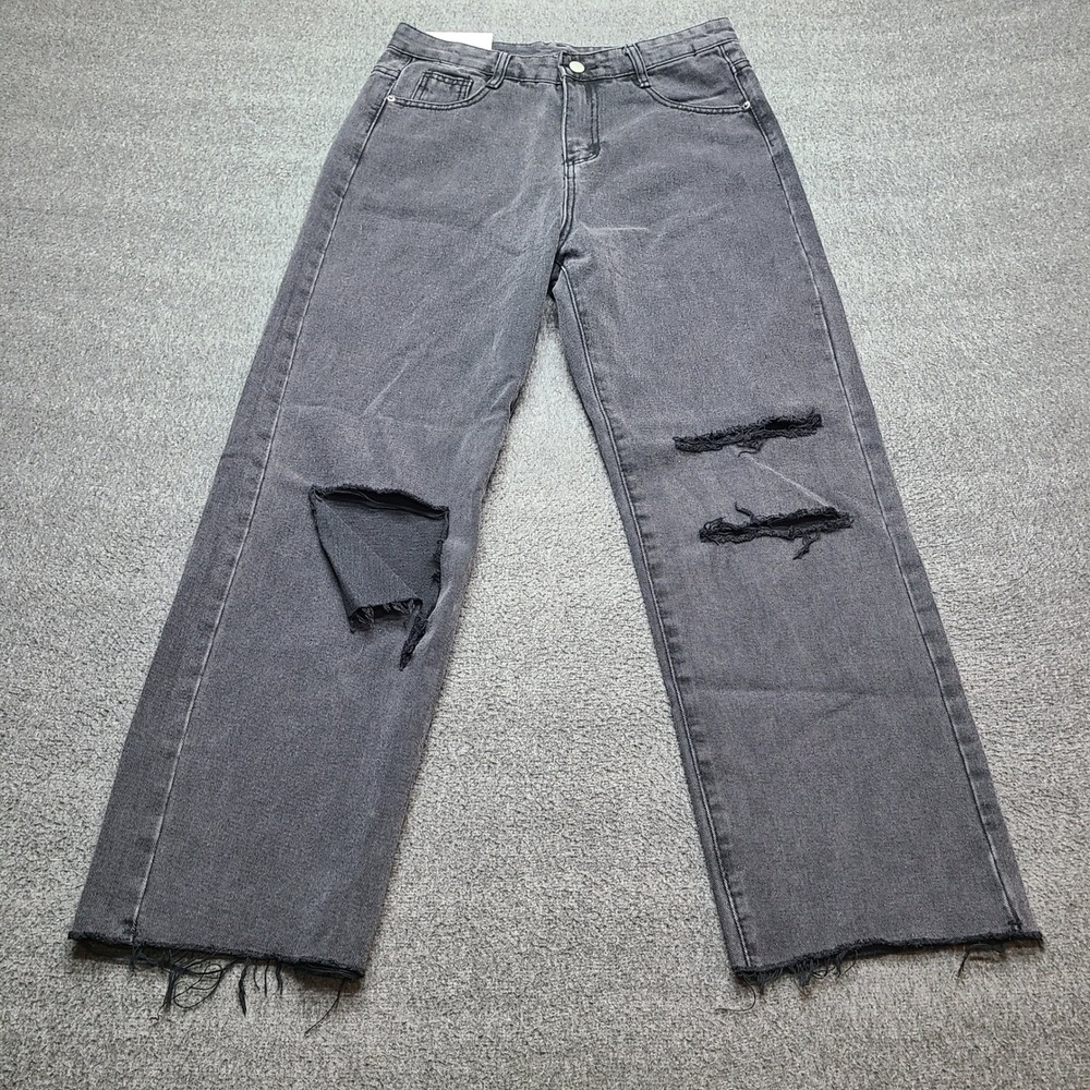 MY JJ Distressed Straight Leg Jeans Womens XL (30x27) Black NEW Ripped Raw Hem